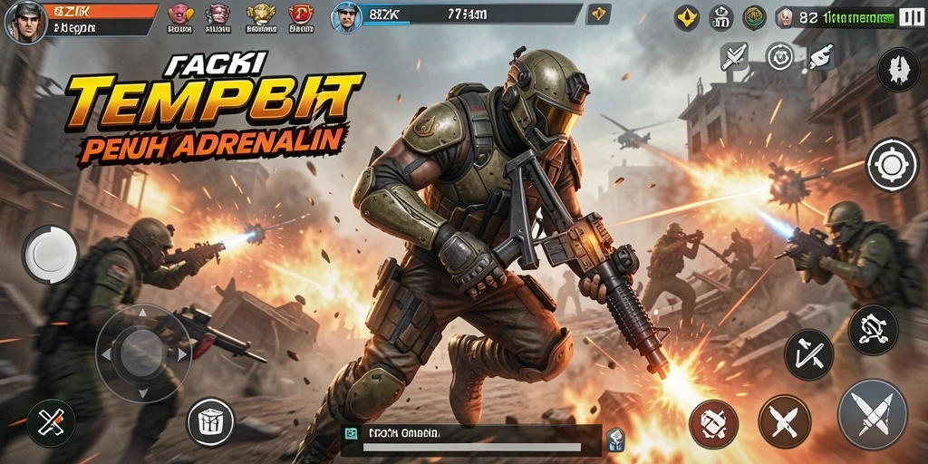 Tampilan gameplay mendebarkan dari 8ZK, menunjukkan aksi tempur yang intens.