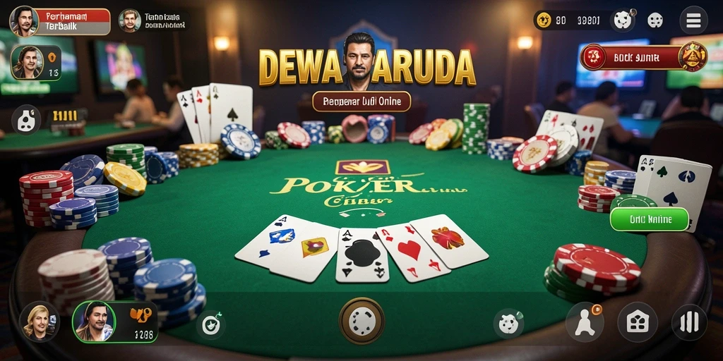 Screenshot gameplay DEWAGARUDA menunjukkan suasana pertandingan Poker yang seru.