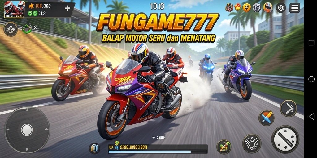 Screenshot gameplay FUNGAME777 menampilkan balapan motor yang seru dan menegangkan.