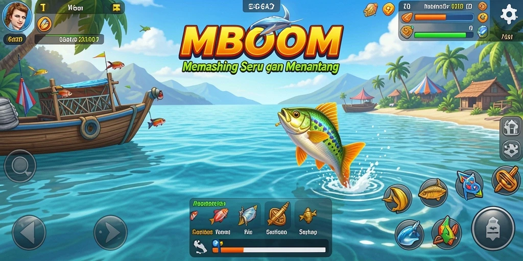Tampilan utama gameplay MBOOM dengan suasana memancing yang menenangkan.