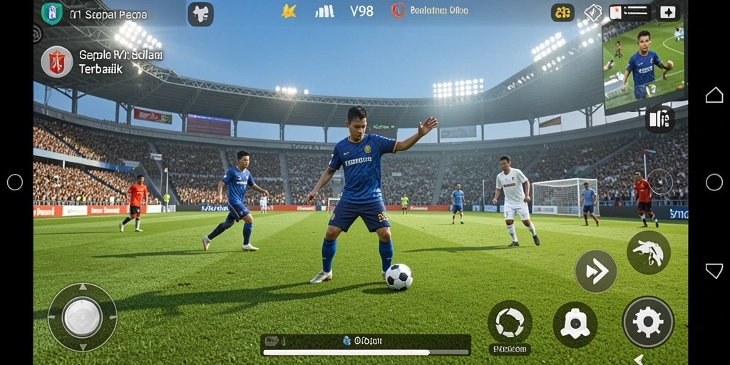 Tampilan screenshot utama V98 menampilkan gameplay sepak bola yang seru.